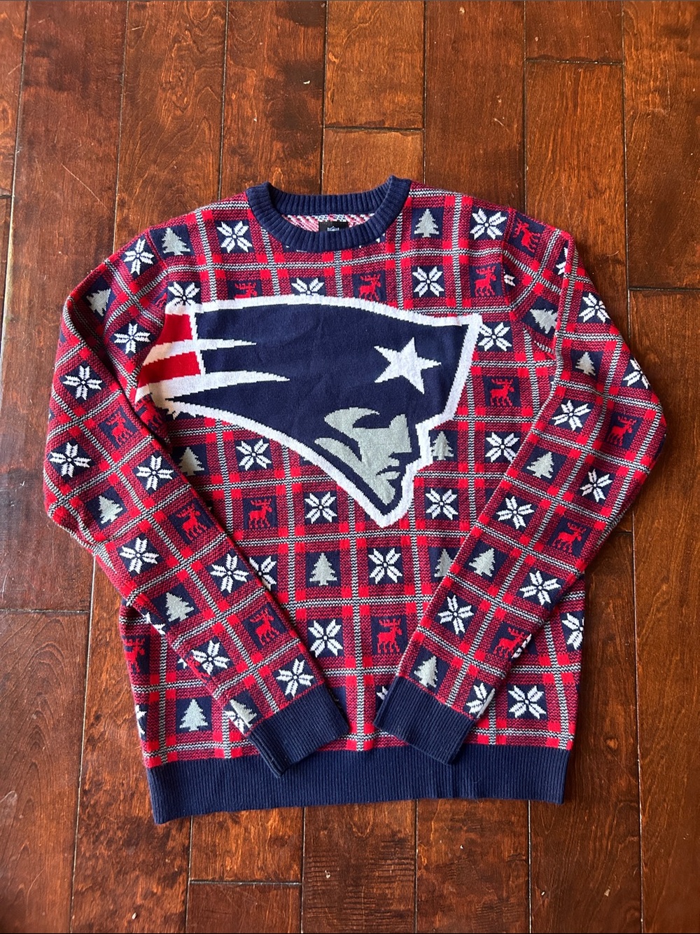 NFL New England Patriots Red and Navy Holiday Crewneck Sweater